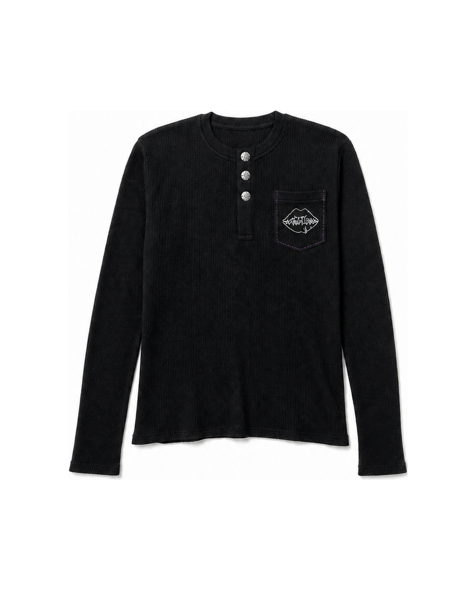 4EARLESS Black logo waffle long-sleeved shirt