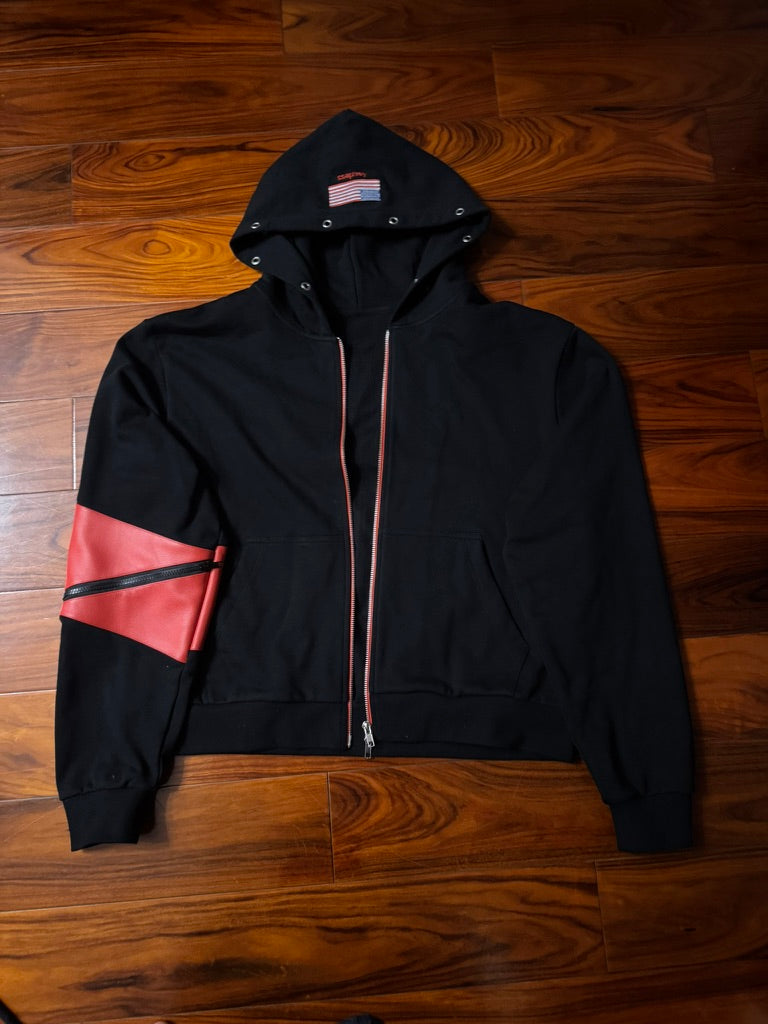 4EARLESS ‘splice’ Red spliced leather black coat