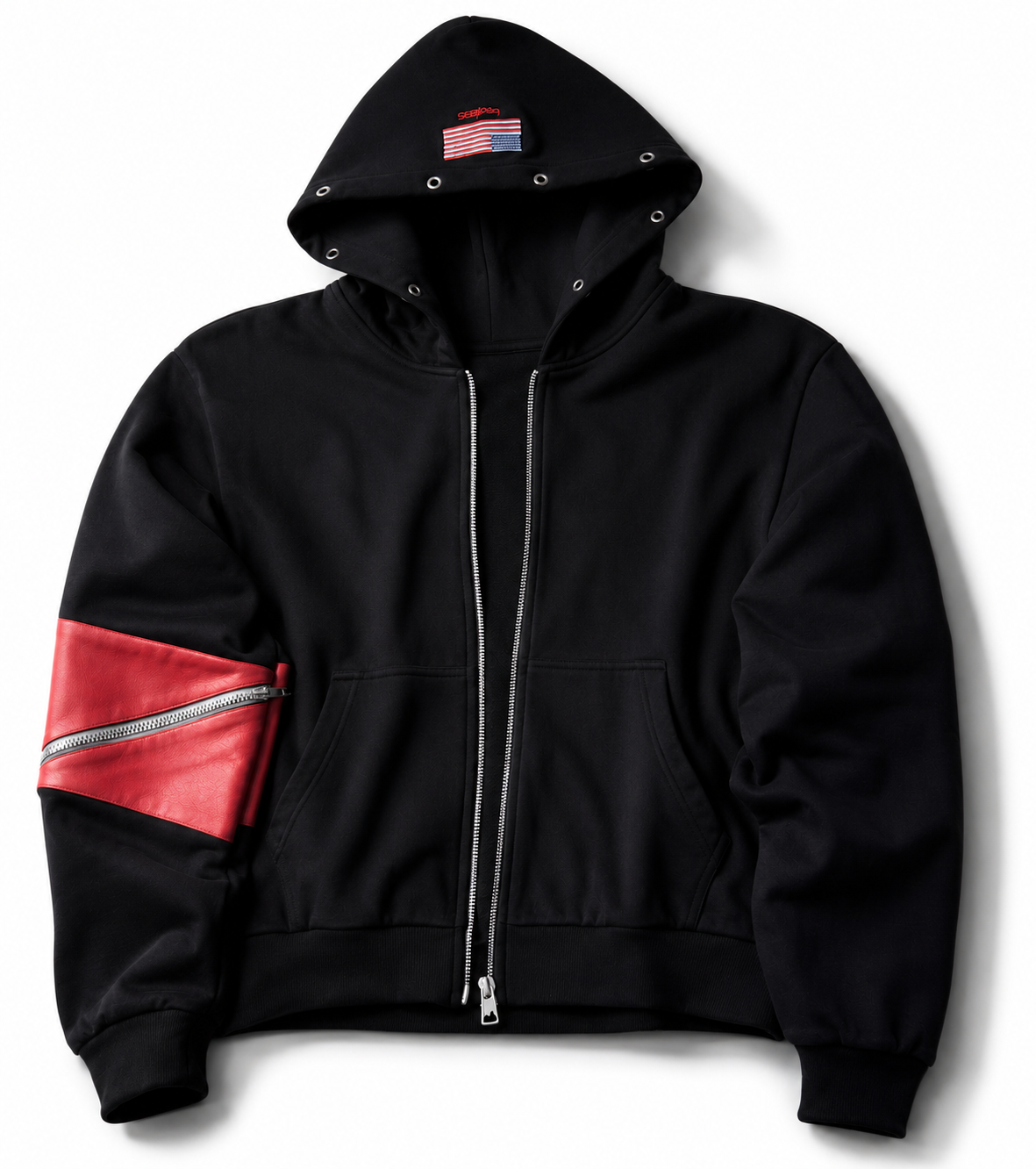 4EARLESS ‘splice’ Red spliced leather black coat