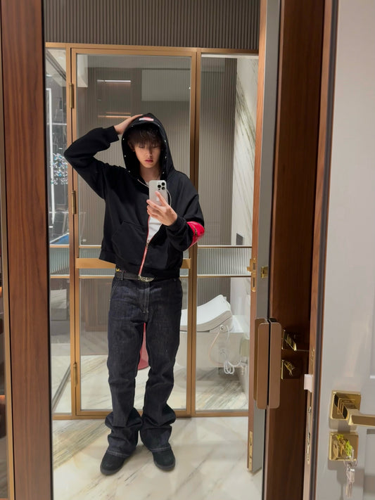 4EARLESS ‘splice’ Red spliced leather black coat