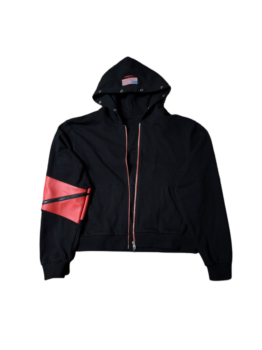 4EARLESS ‘splice’ Red spliced leather black coat