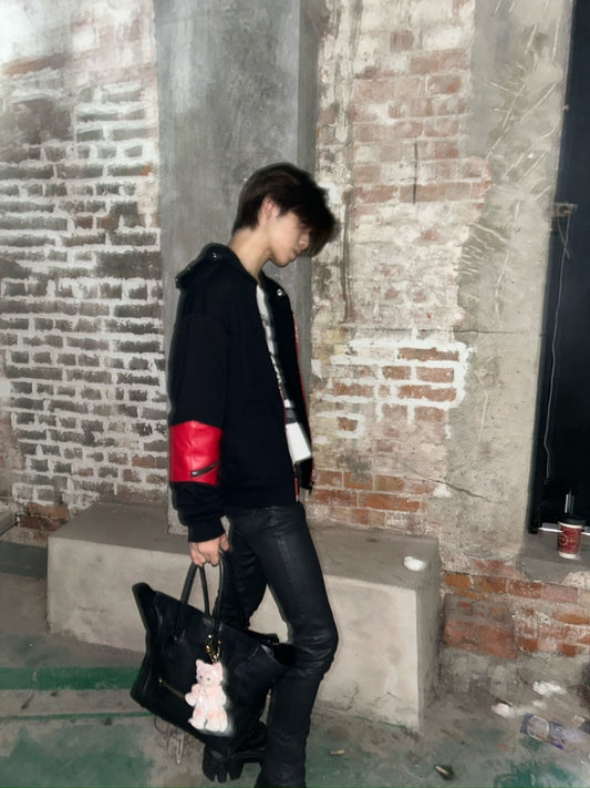 4EARLESS ‘splice’ Red spliced leather black coat