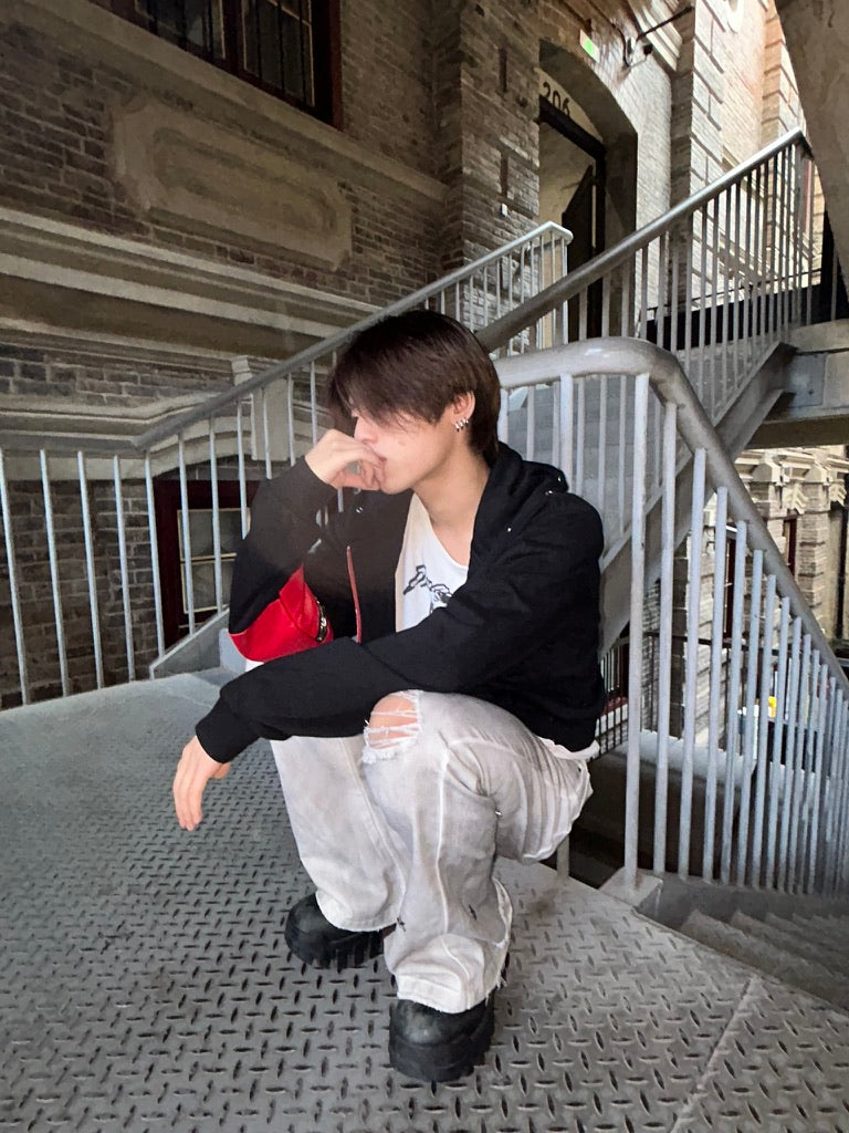 4EARLESS 'splice' Red spliced leather black coat